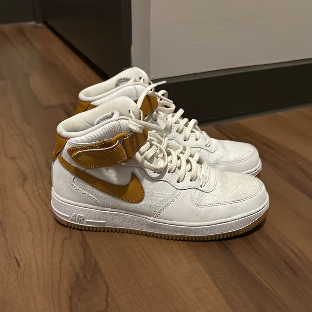 White and Tan High-Top Sneakers